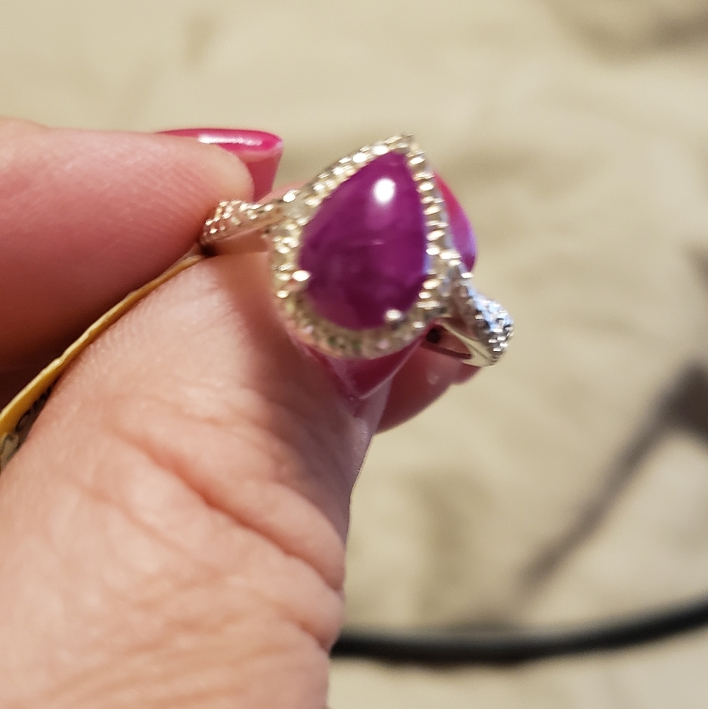 Size 7 Cabachon Ruby & Diamond Accents tgw 2.26 carats, 925 Silver NWT